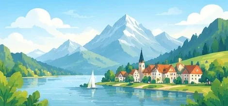 An Alpine lake and its village under the mountains